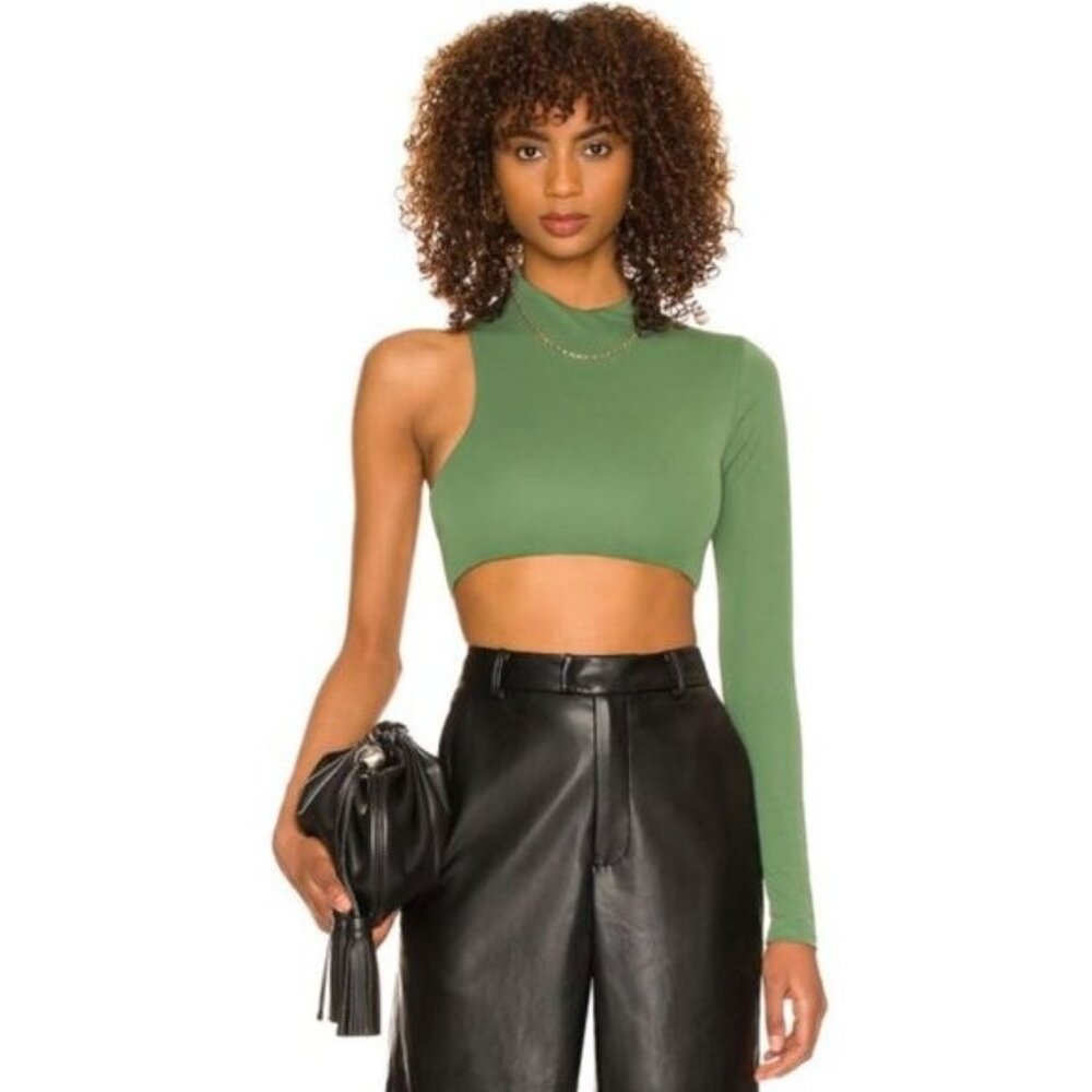 Camila Coelho One-Shoulder Long-Sleeve Crop Top in Sage